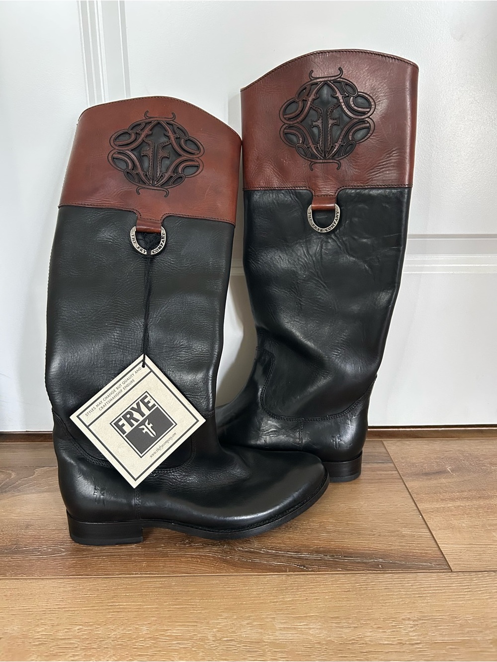 Frye Melissa Logo Tall Two-Tone Leather Riding Boots, Size: 7.5B - NWT